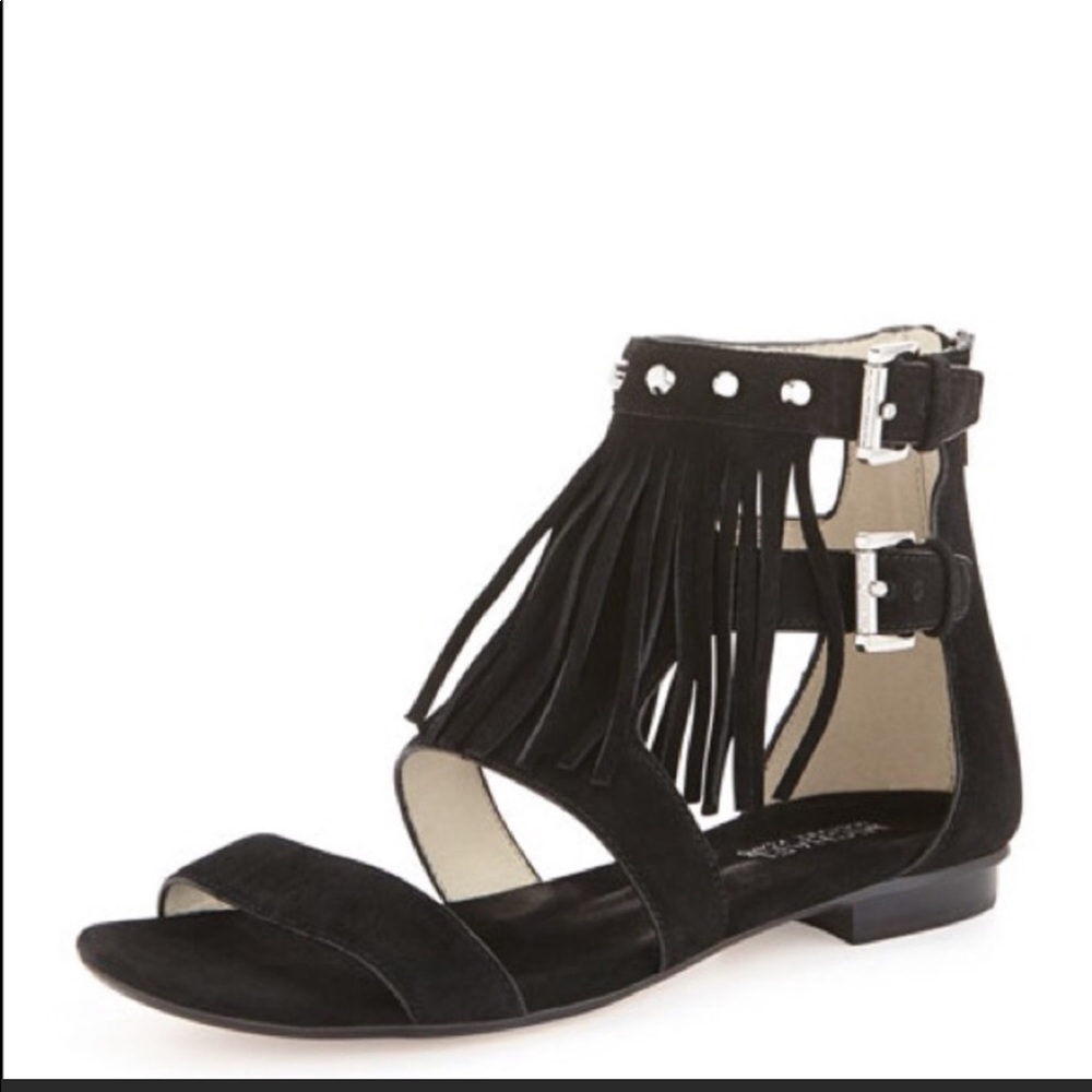 Michael Kira Black Fringe Suede Sandals